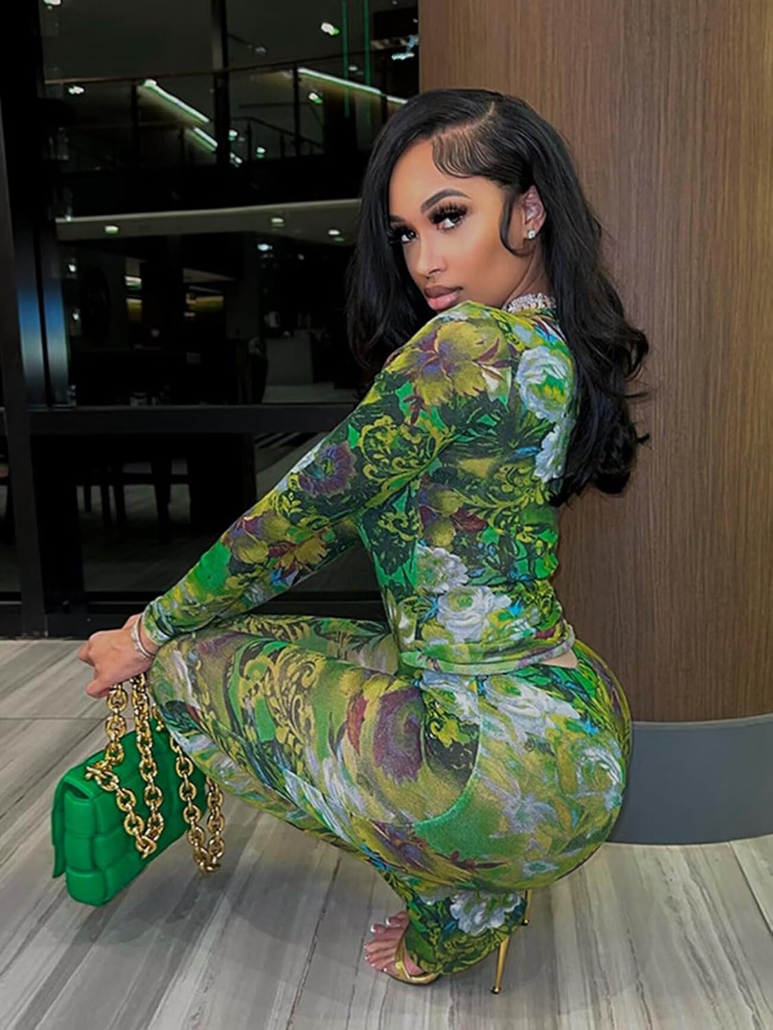 Ryehack Two Piece Sets for Women Floral Print See Through Mesh Long Sleeve Crop Tops and Pants Sets Jumpsuits Club Outfits - Image 3