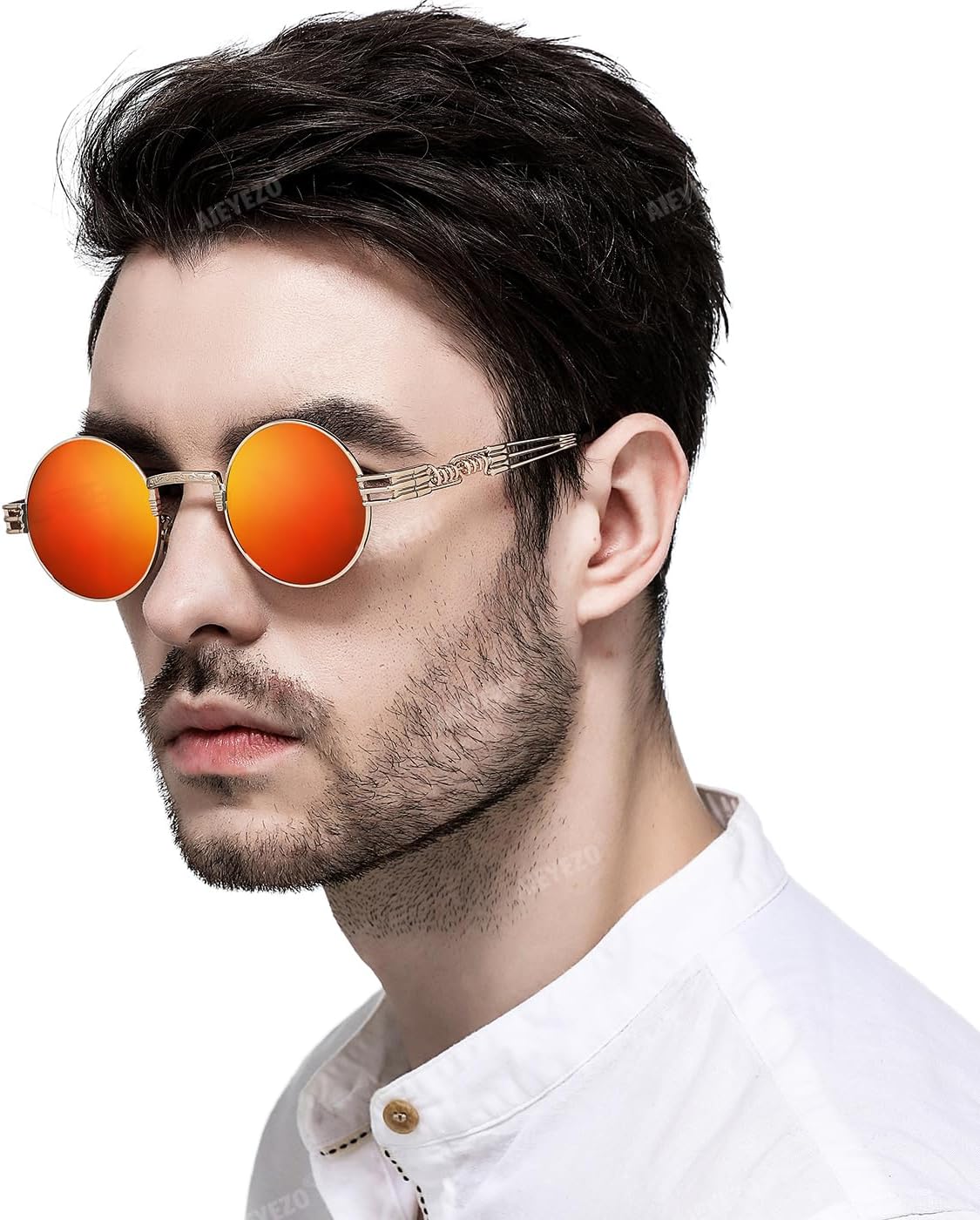 AIEYEZO Round Steampunk Sunglasses for Men Women Retro Circle Hippie Glasses Metal Frame 100% UV Blocking Lens - Image 2
