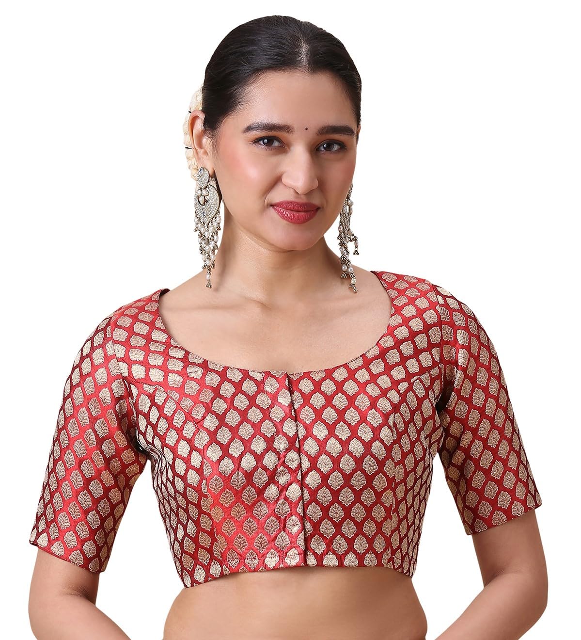 studio shringaar Women's Maroon Benarsi Zari Brocade Readymade Saree Blouse-picture-15