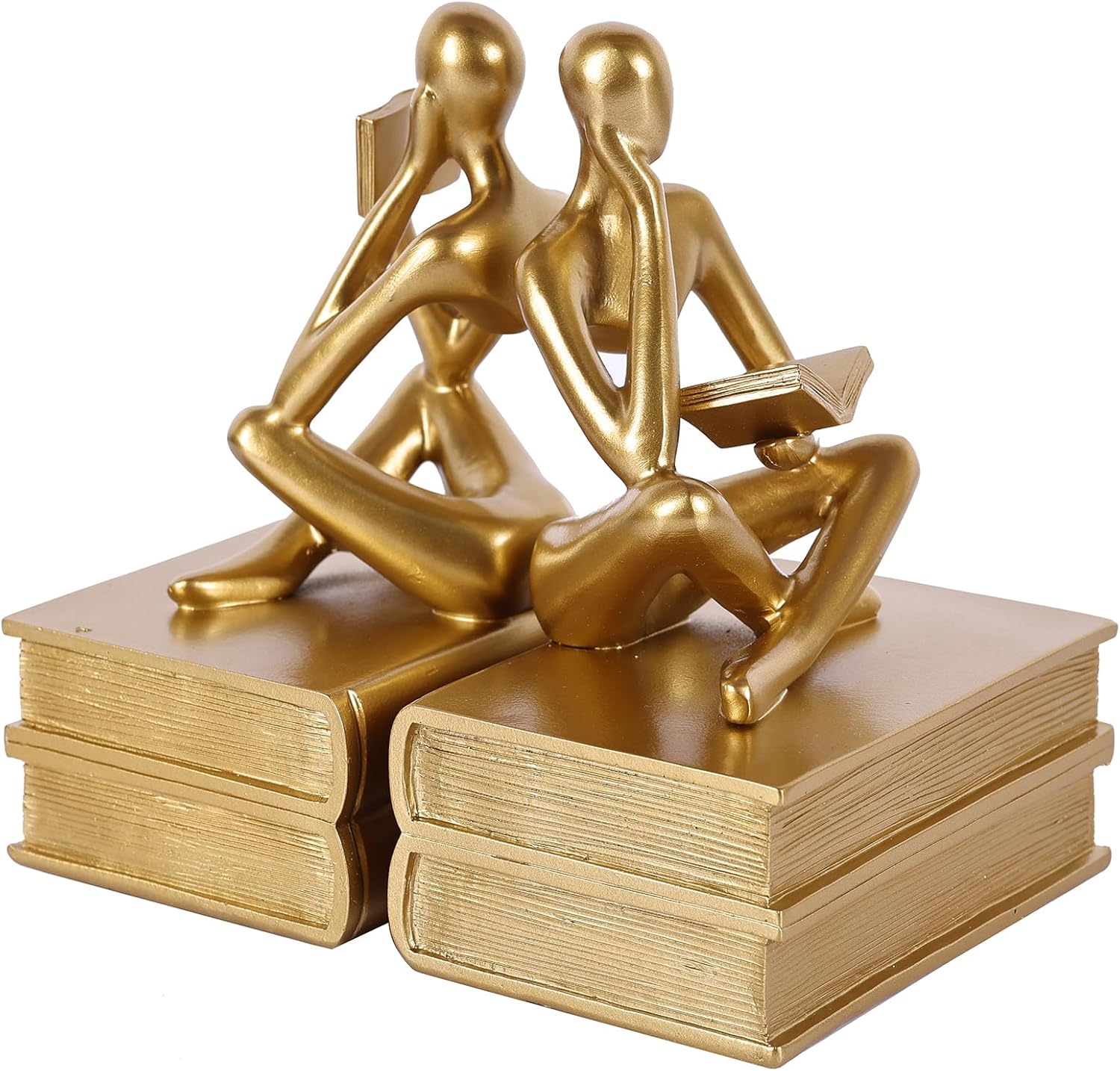 Abstract Resin Reader Bookends Set of 2,Modern Decorative Book Ends for Shelves,Unique Book Shelf Accents & Coffee Table Decor,Reading Bookend Statue for Home Office Library (Gold, Thinker Bookends)