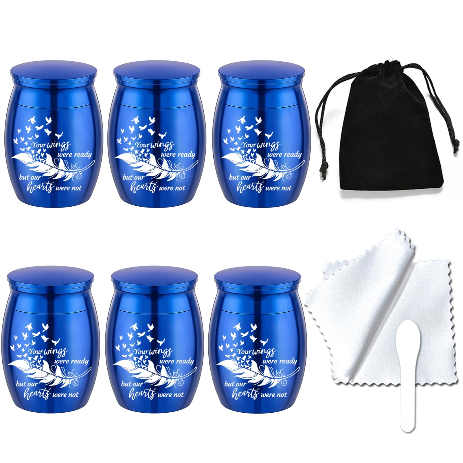 Small Keepsake Urns for Human Ashes - Set of 6 - Share Urn with Family & Friends Mini Cremation Urns with Feather Seagull Pattern Stainless Steel Memorial Ashes Holder (6Pcs Blue Urn) — image 1