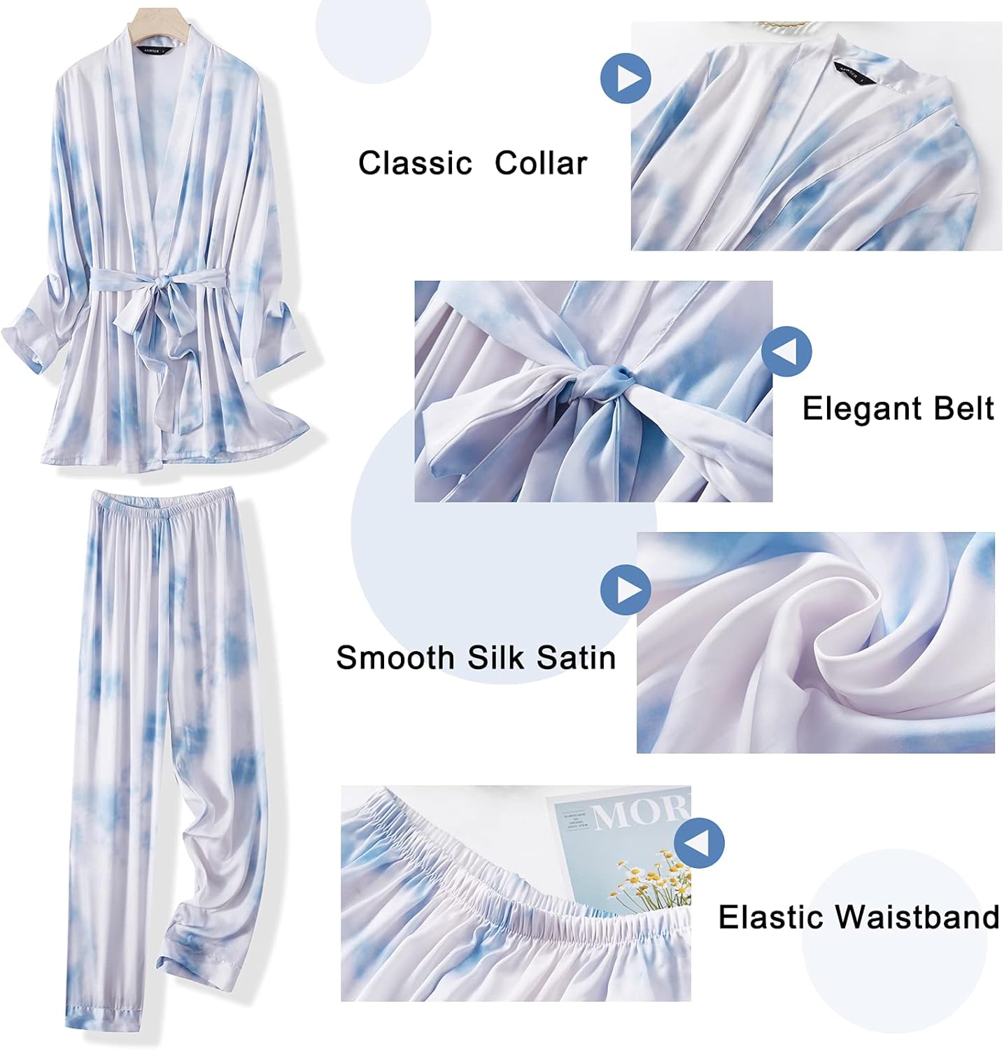 Arwser Women's Silk Satin Pajamas Set 4 Pcs Luxury Sleepwear Cami Top Pjs with Shorts and Robe - Image 4