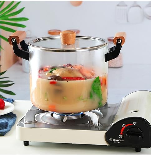 Miniatura 3 de Cacerola de vidrio resistente al calor, ollas transparentes para cocinar vidrio borosilicato resistente al calor, olla de cocina de madera con doble