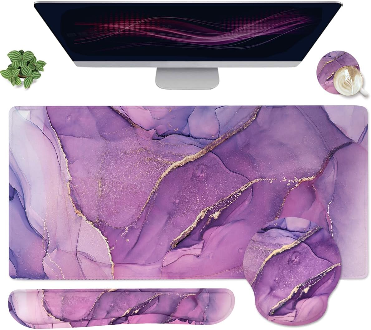 4-in-1 Gaming Mouse Pad Wrist Support Set,Desk Pad + Mouse Pad with Wrist Rest + Keyboard Wrist Rest + Coaster, Ergonomic Design for Home Office Study Game - Purple