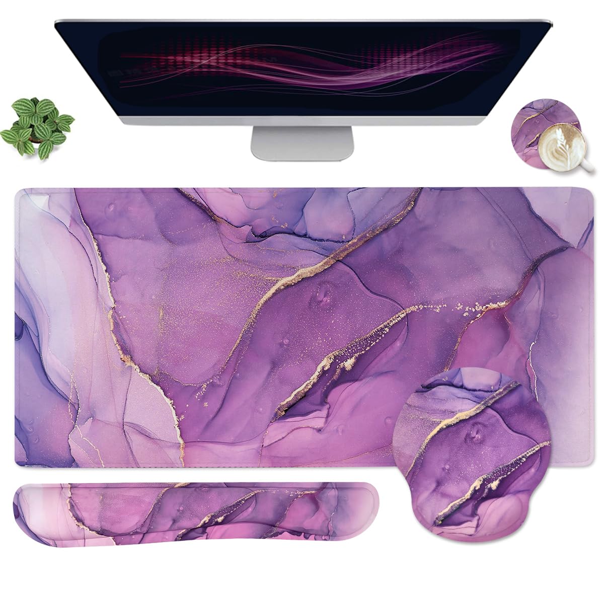 4-in-1 Gaming Mouse Pad Wrist Support Set，Desk Pad + Mouse Pad with Wrist Rest + Keyboard Wrist Rest + Coaster, Ergonomic Design for Home Office Study