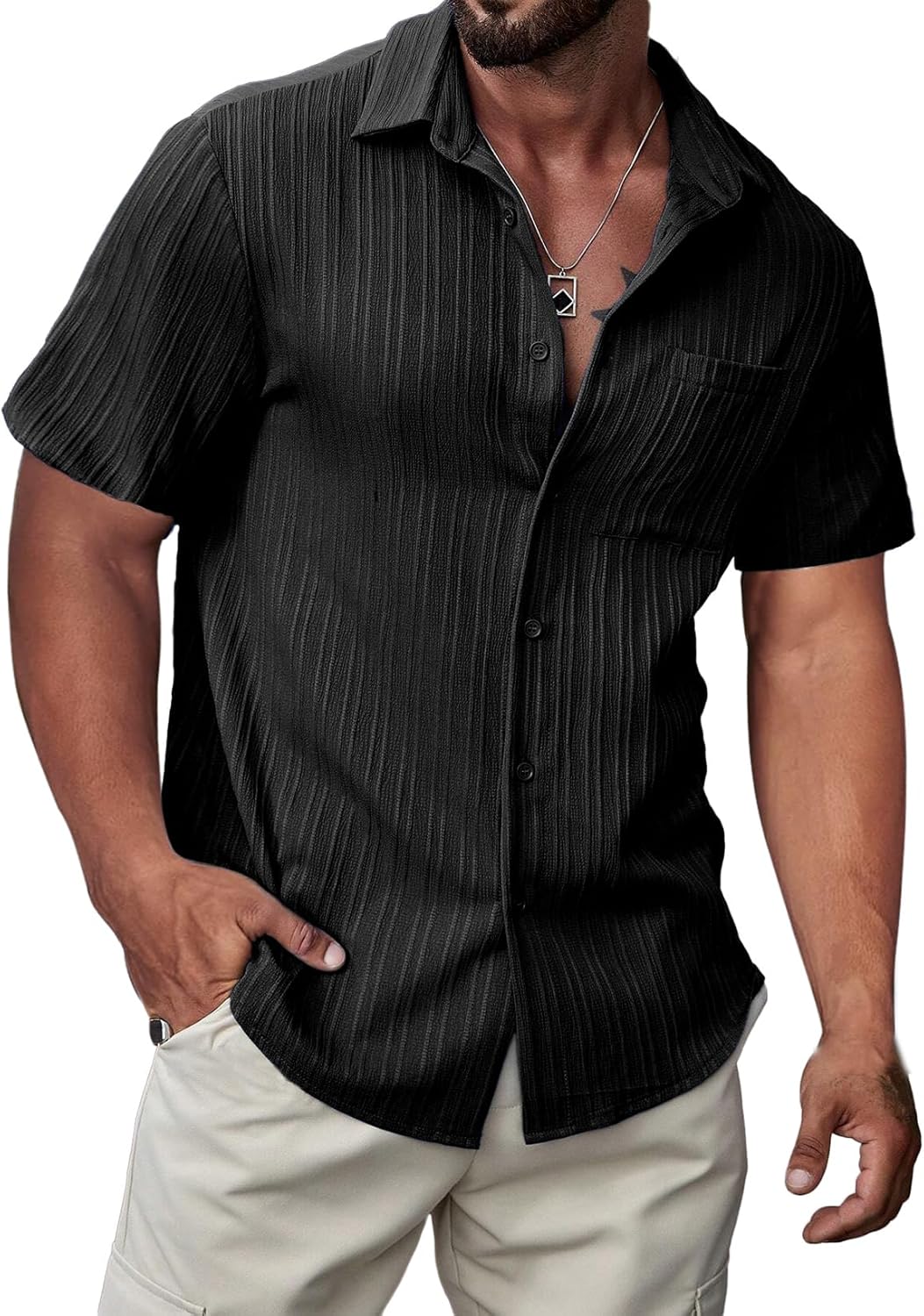 JMIERR Hawaiian Shirt for Men Button Down Short Sleeve Shirts Textured Casual Summer Beach Linen Shirts