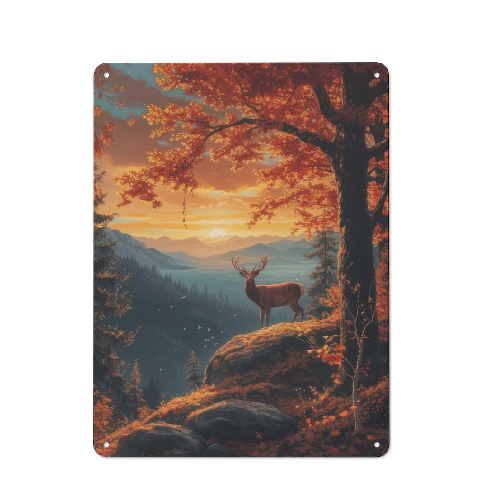 Junmoney Autumn Deer Landscape Metal Wall Sign 40X30cm Featuring For Living Room Wall, For Decorating Living Rooms And Feature Walls
