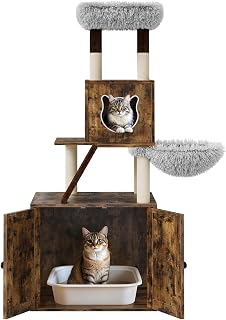 Cat Tree with Litter Box Enclosure, 2-in-1 Multi-Level Feline Condo Furniture with Hammock, Sisal Scratching Posts, Plush Perch, for Climbing, Scratching, Sleeping, Playing