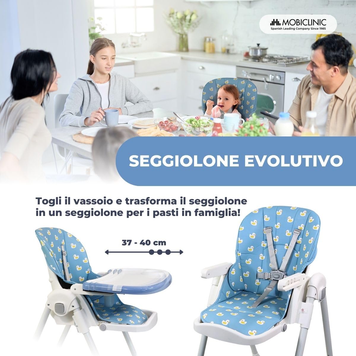 Mobiclinic® kids, Seggiolone per bambini, Evolutiva, Pieghevole, Trasformabile in, Simba, Imbracatura a 5 punti, Ruote con freno, Doppio vassoio estraibile, Tessuto lavabile, Regolabile