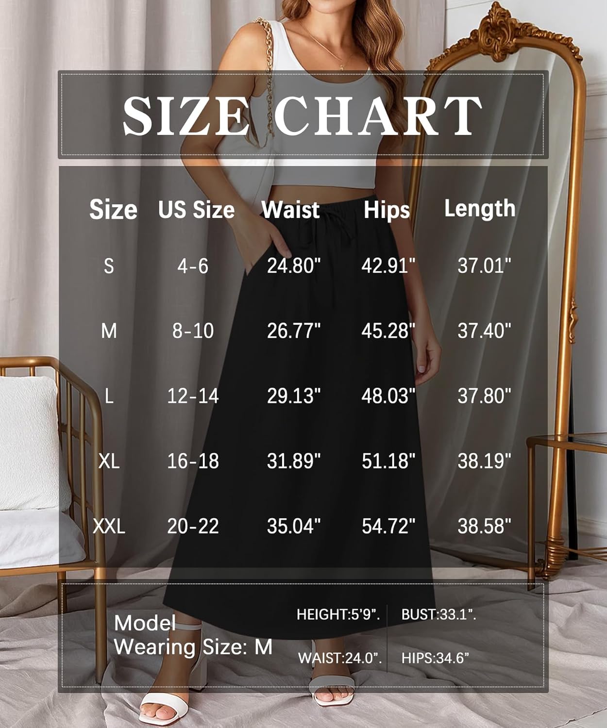 NILOUFO Womens Maxi Skirts High Waisted Adjustable Elastic Waist with Pockets Beach Flowy Casual Long Skirt - Image 6