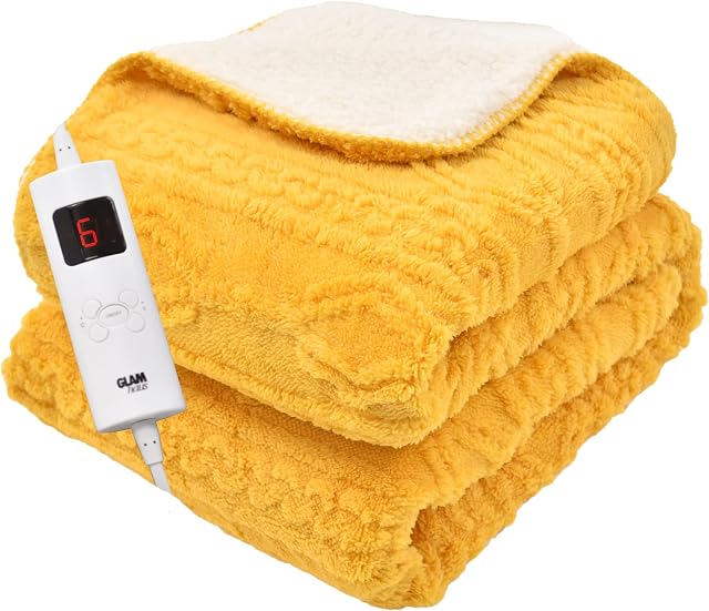 GlamHaus Heated Throw Blanket - Electric 85W For Over Bed Or Sofa - Luxurious & Soft - Spicy Mustard Yellow - 9 Temp Settings & 9-Hour Timer - Machine Washable - XL 160 x 130cm (Yellow)