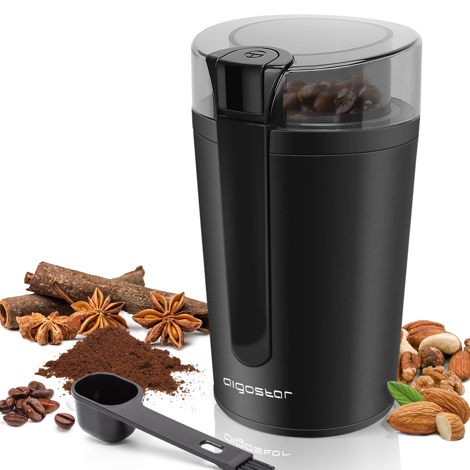 Aigostar Kaffeemühle Elektrisch, BPA Frei 200W Kaffeebohnenmühle elektrisch, Mahlgrad Einstellbar, Gewürzmühle Füllmenge 60g für Kaffee bohnen, Nüsse, Gewürze, Getreide, Schwarz