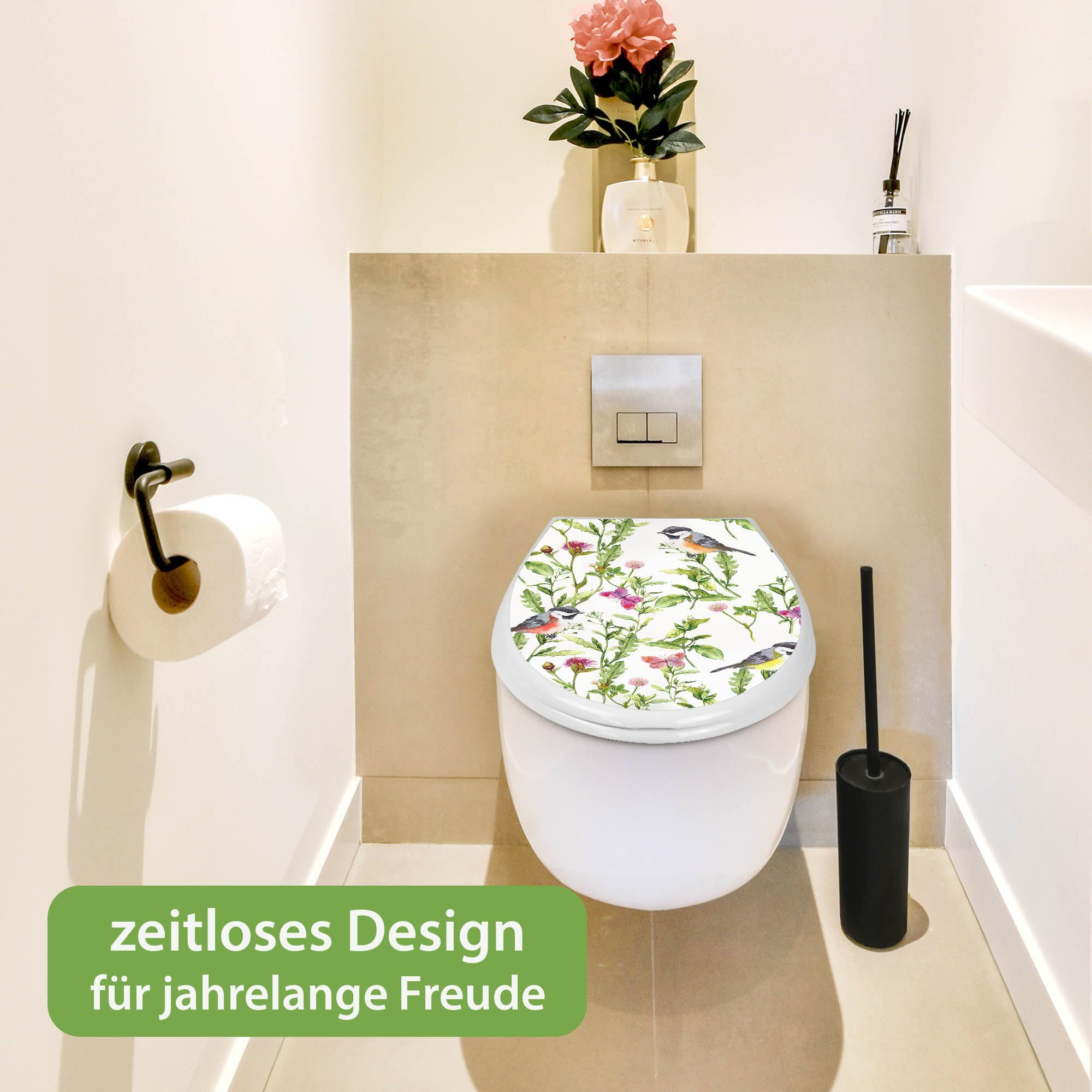 banjado Familien WC Sitz mit Absenkautomatik 44,9x37,1cm - Klobrille mit Kindersitz aus hochwertigem Polypropylen - Toilettendeckel mit Kinder Toilettensitz integriert - Motiv Meisen im Klee