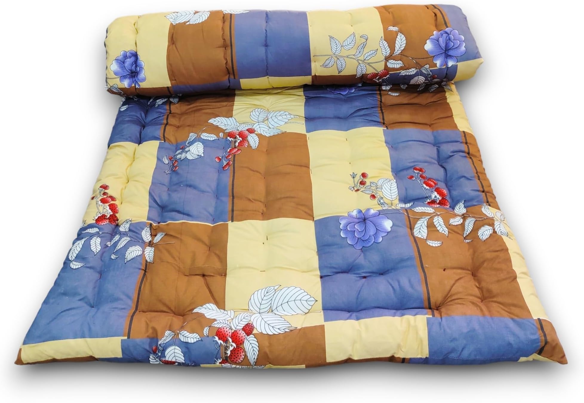 Deevine Craft Soft Cotton Mattress Foldable Light Weight Filled Single Firm Mattress| Gadda (3D Design Printed, 1 Sleeping Capacity, 3 x 6 ft or 72 x 36 Inches) (Brown Check Mattress)