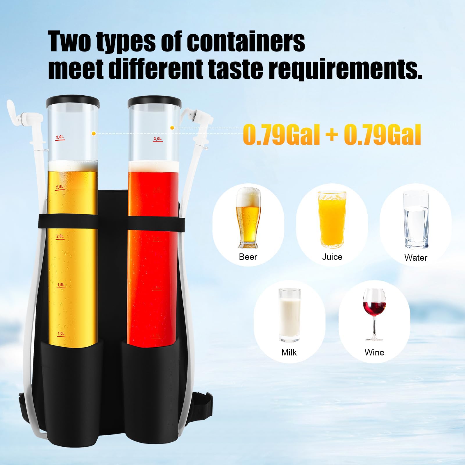 Duals Chamber Distributeur de liquide pour bière, vin, jus de fruits, sac à dos, 6 l