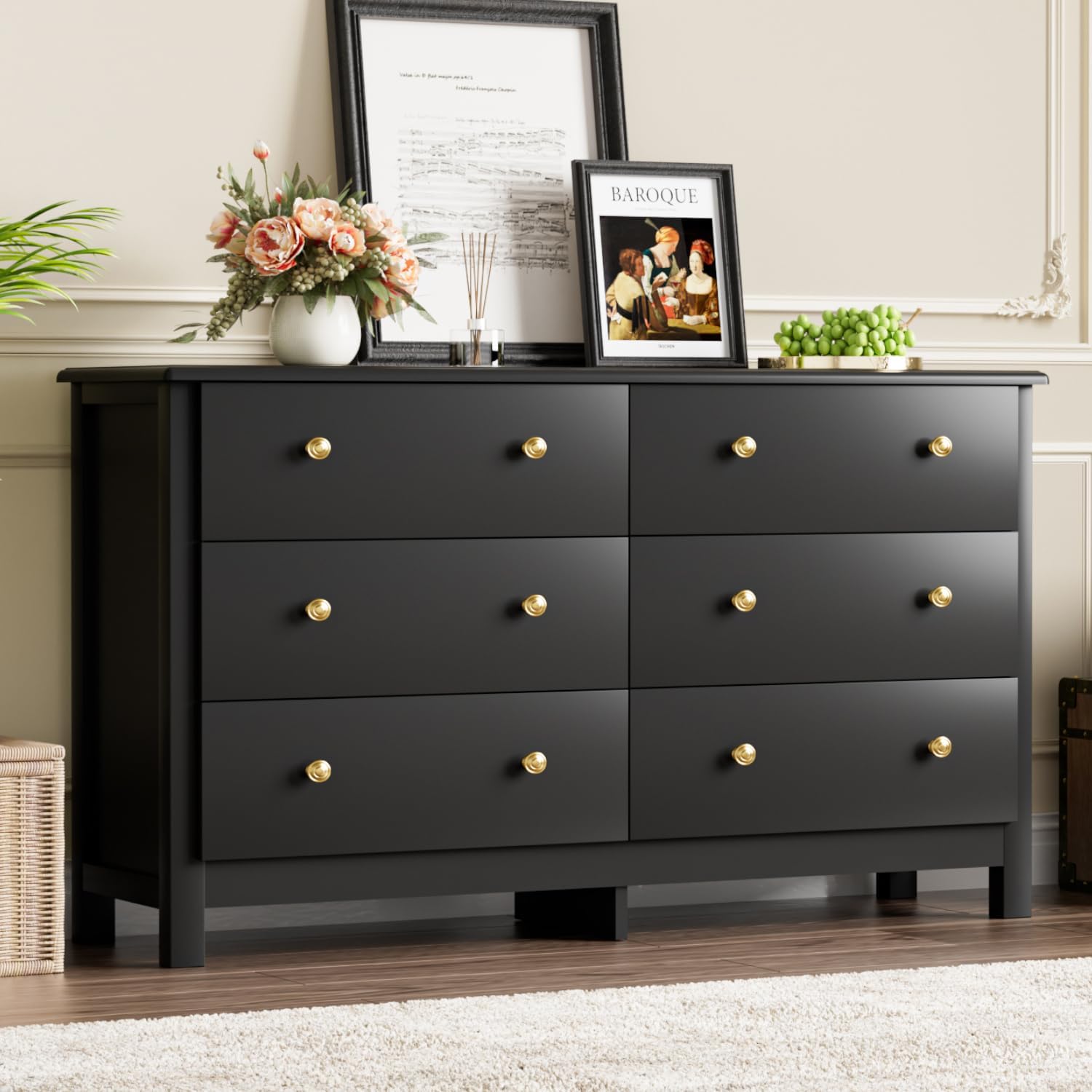 Black Dresser for Bedroom, Modern 6 Drawer Double Dresser for Kids with Gold Pulls, Dressers & Chests of Drawers, 6 Drawer Dressers