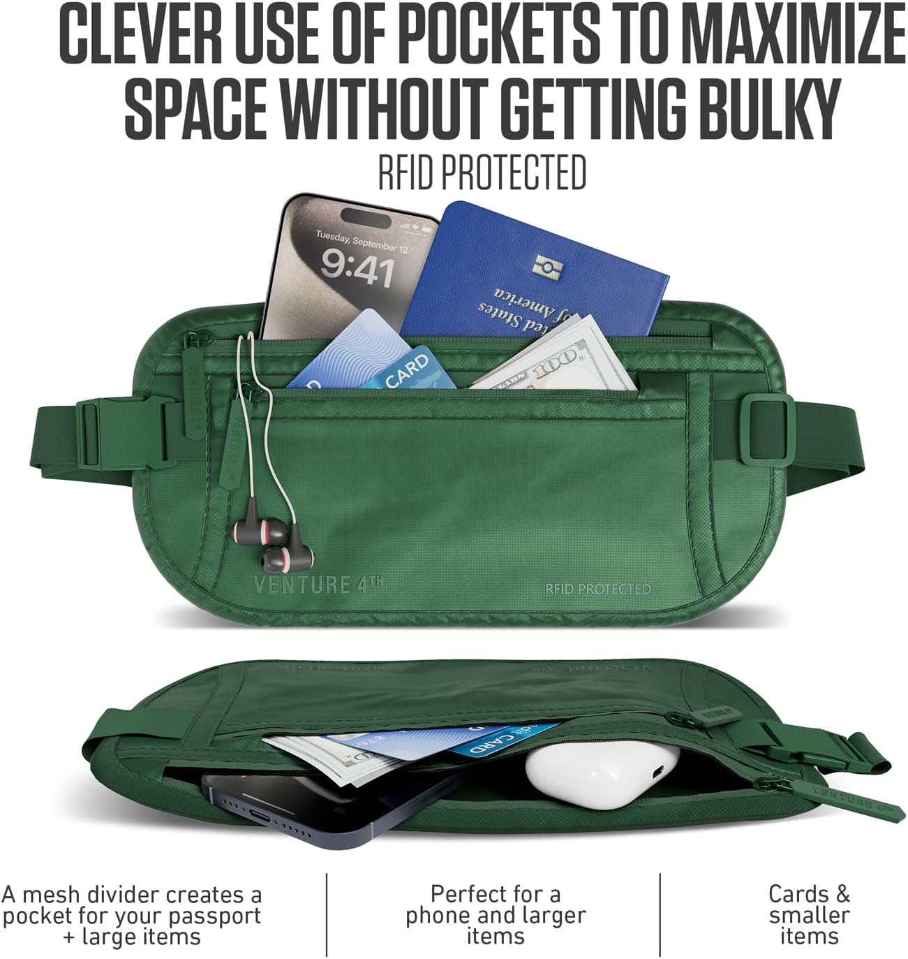 VENTURE 4TH Money Belt for Travel – Hidden Under-Clothes RFID Blocking Passport Holder & Slim Travel Wallet Pouch for Men & Women to Protect Cash, Cards & Documents (Sleek Army Green) - Image 2