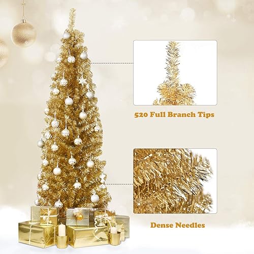 Miniatura 3 de DORTALA Árbol de lápiz galvanizado de 6 pies, árbol de Navidad delgado con soporte de metal, decoración de Navidad para y exteriores, dorado champán