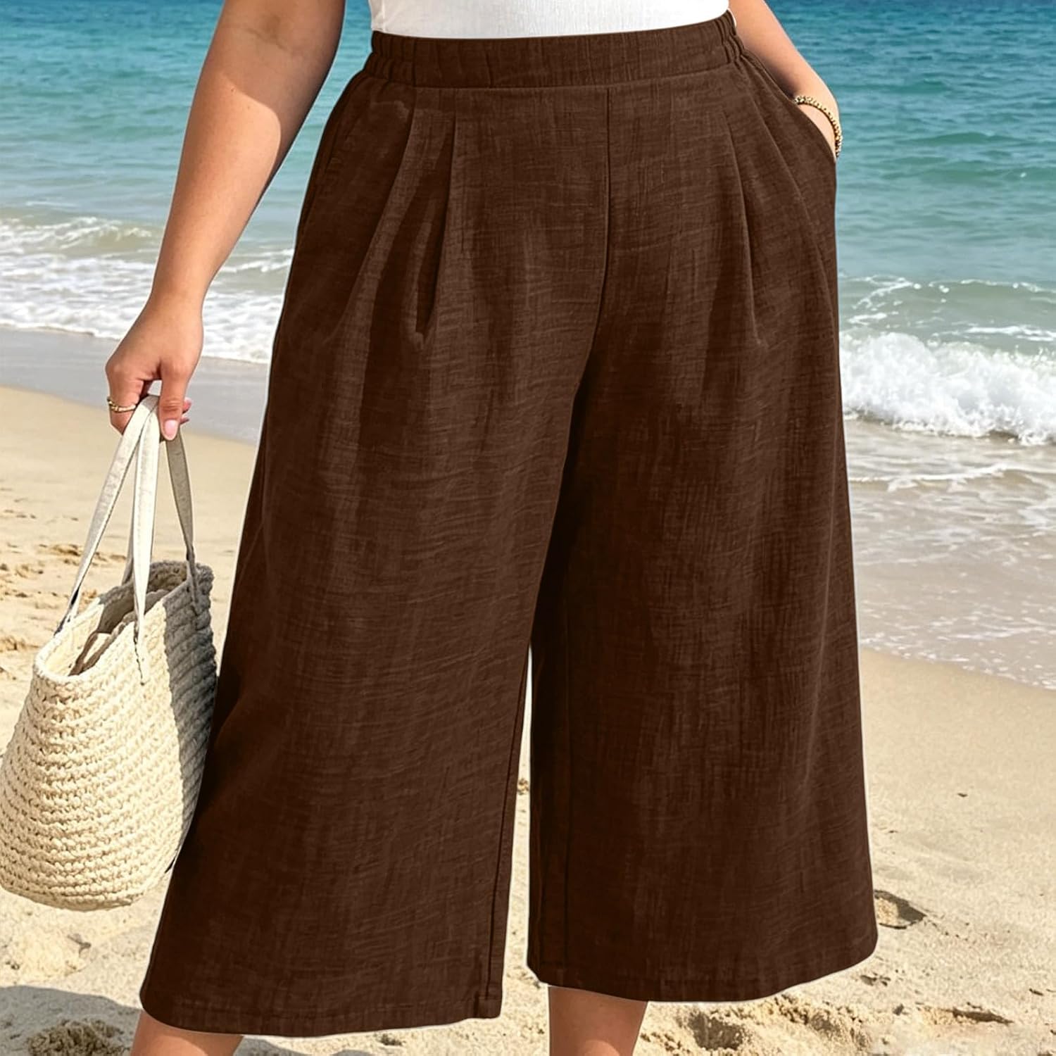 Womens Capri Pants Summer Wide Leg Palazzo Pant Dressy Casual Cropped Gaucho Trousers Culottes with Pockets