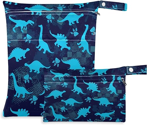 visesunny Blue Dinosaur Footprint - 2 bolsas húmedas con bolsillos con cremallera, lavable, reutilizable, espaciosa para viajes, playa, piscina,