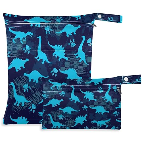 visesunny Blue Dinosaur Footprint - 2 bolsas húmedas con bolsillos con cremallera, lavable, reutilizable, espaciosa para viajes, playa, piscina,