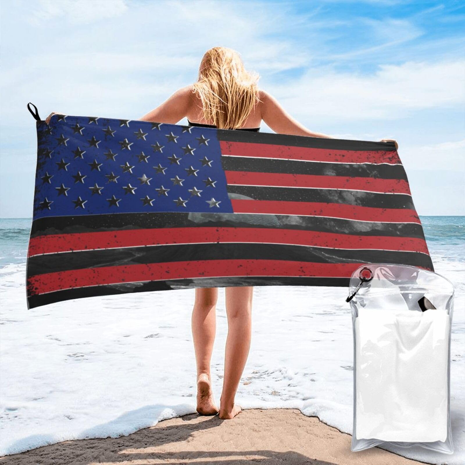 America Flag Novelty Blur Style Microfiber Beach Towel Absorbent Quick Dry Travel Towel with Carabiner & Carry Pouch, for Gym, Camping, Beach for