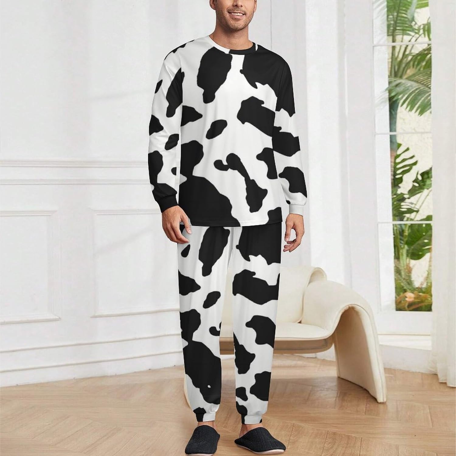 [XIMENPER] パジャマ メンズ 上下セット 牛柄 ミルク 黒白 動物柄 パジャマセット 薄手 長袖長パンツ(パンツ前閉じ)