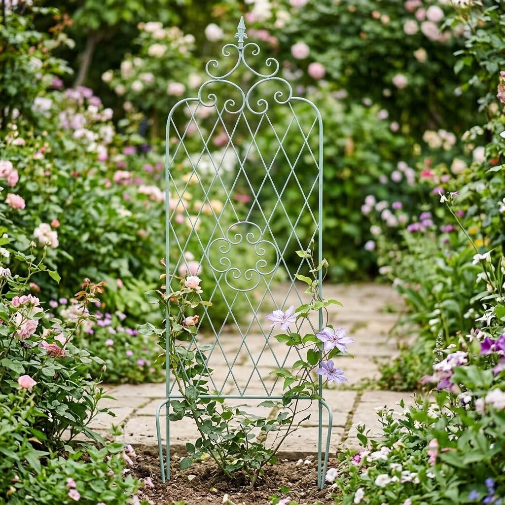 Celosía Decorativa de Hierro para Plantas trepadoras, Enrejado Ajustable 123/160/210cm, para Patio y balcón, Estilo rústico, Verde Envejecido