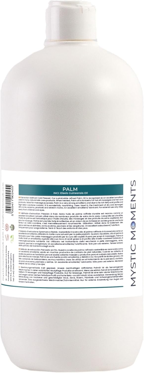Mystic Moments| Palm Carrier Oil 1 Litre | Elaeis Guineensis | Moisturising Skin & Hair Care Treatment | Ideal for Soap Making, Massage & Cosmetic Formulations | Rich Conditioning Carrier