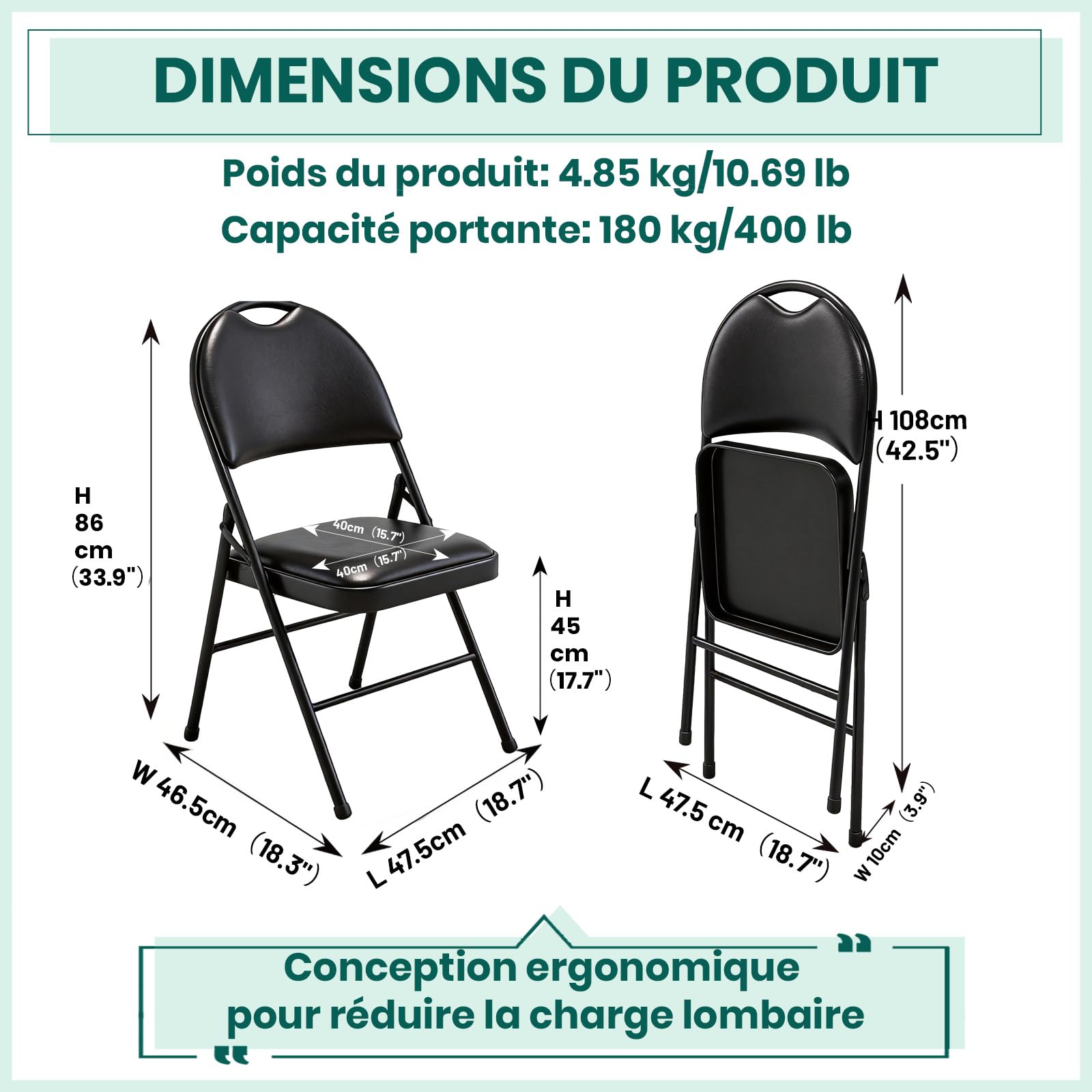 Chaise Pliante en Cuir PU Rembourrée avec Poignée, Siège Portable avec Coussin Épais et Cadre en Métal Solide, Confortable pour Maison, Bureau, Fêtes (4, Noir)