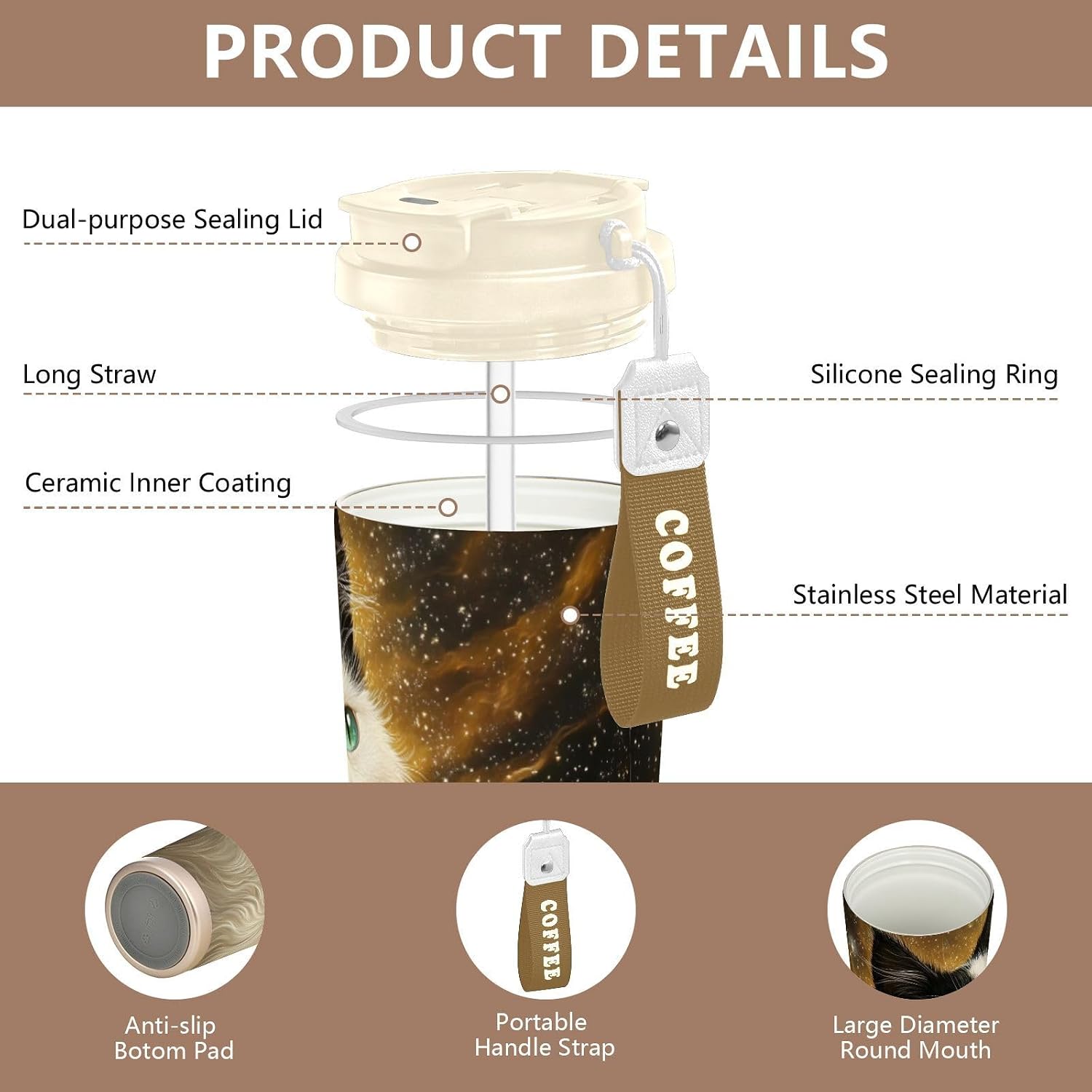 Cat Potrait Galaxy Insulated Coffee Mug with Straw & Flip Lid, 16.9oz Iced Tumbler Cup, Double Wall Vacuum Mug for Travel Office