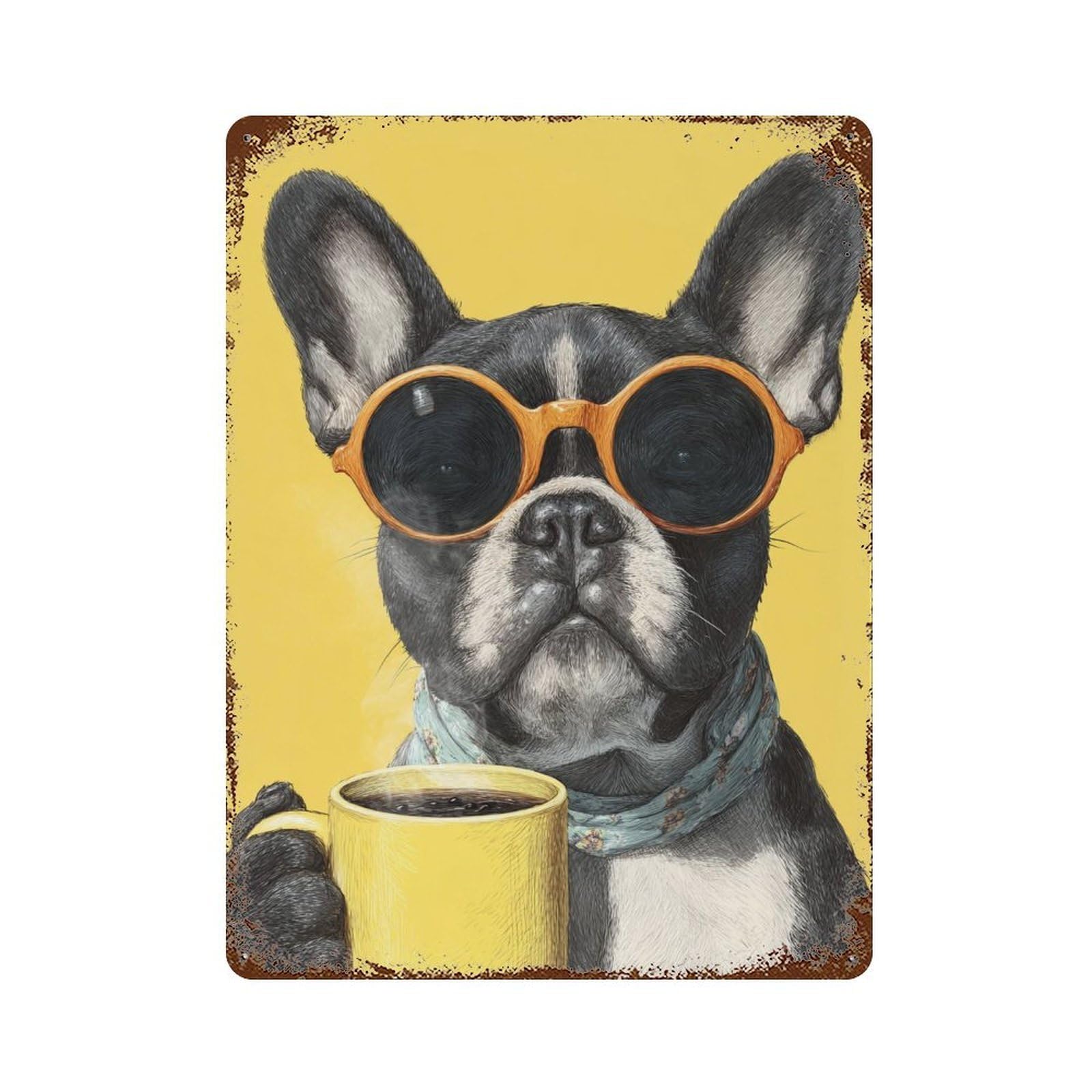 Frenchie with Coffee Mug-3 Aged Metal Wall Plaque 15.7"x11.8", for Garage, Bar And Workshop Decor, Farmhouse Wall Decor