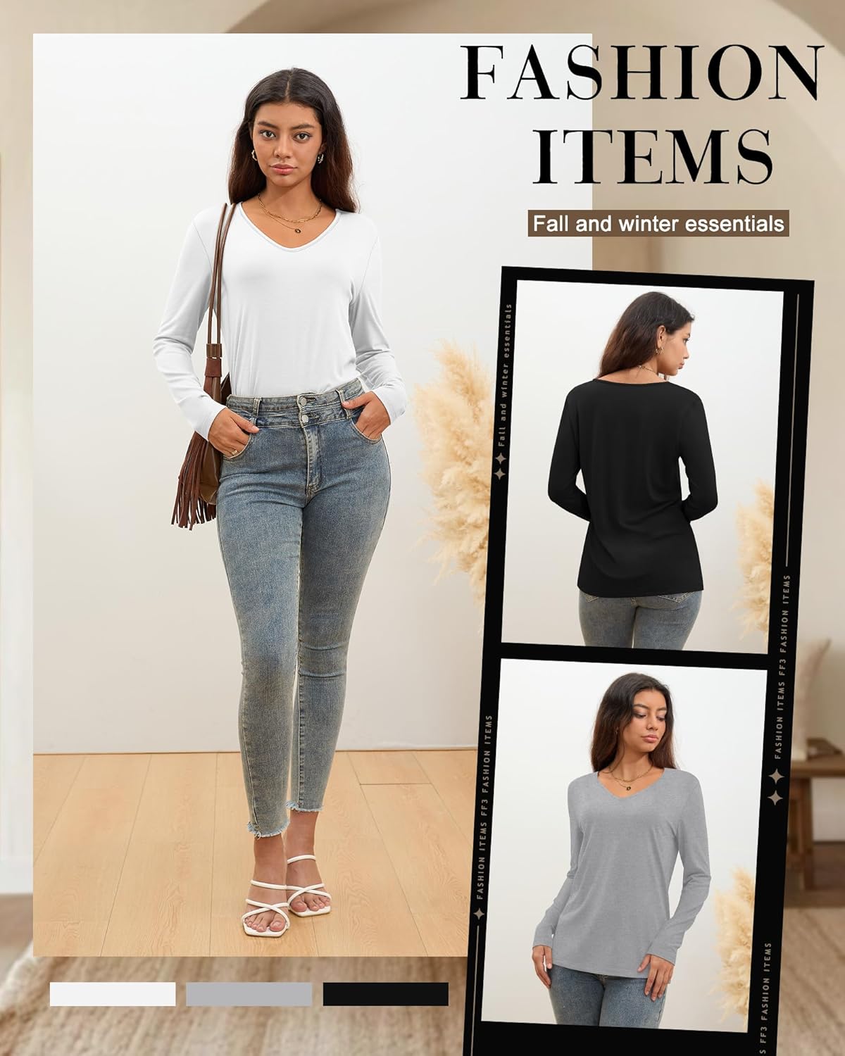 Ficerd 3 Pack Women's Long Sleeve T Shirts, V Neck Basic Tops Fall Casual Trendy Tees Loose Fit Soft Clothes Outfits - Image 6