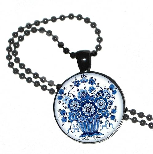Delft Blue Collection Cesta de flores, color azul para la bañado en plata colgante W24" bañado en plata cadena de bolas