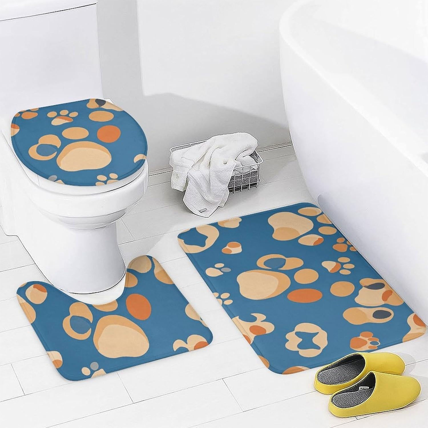 Dog Paw Prints Shower Curtain Set 4 Piece, Non-Slip Bath Mat with Toilet Lid Cover and Waterproof Shower Curtain with 12 Hooks, Complete Bathroom Set for Home Decor