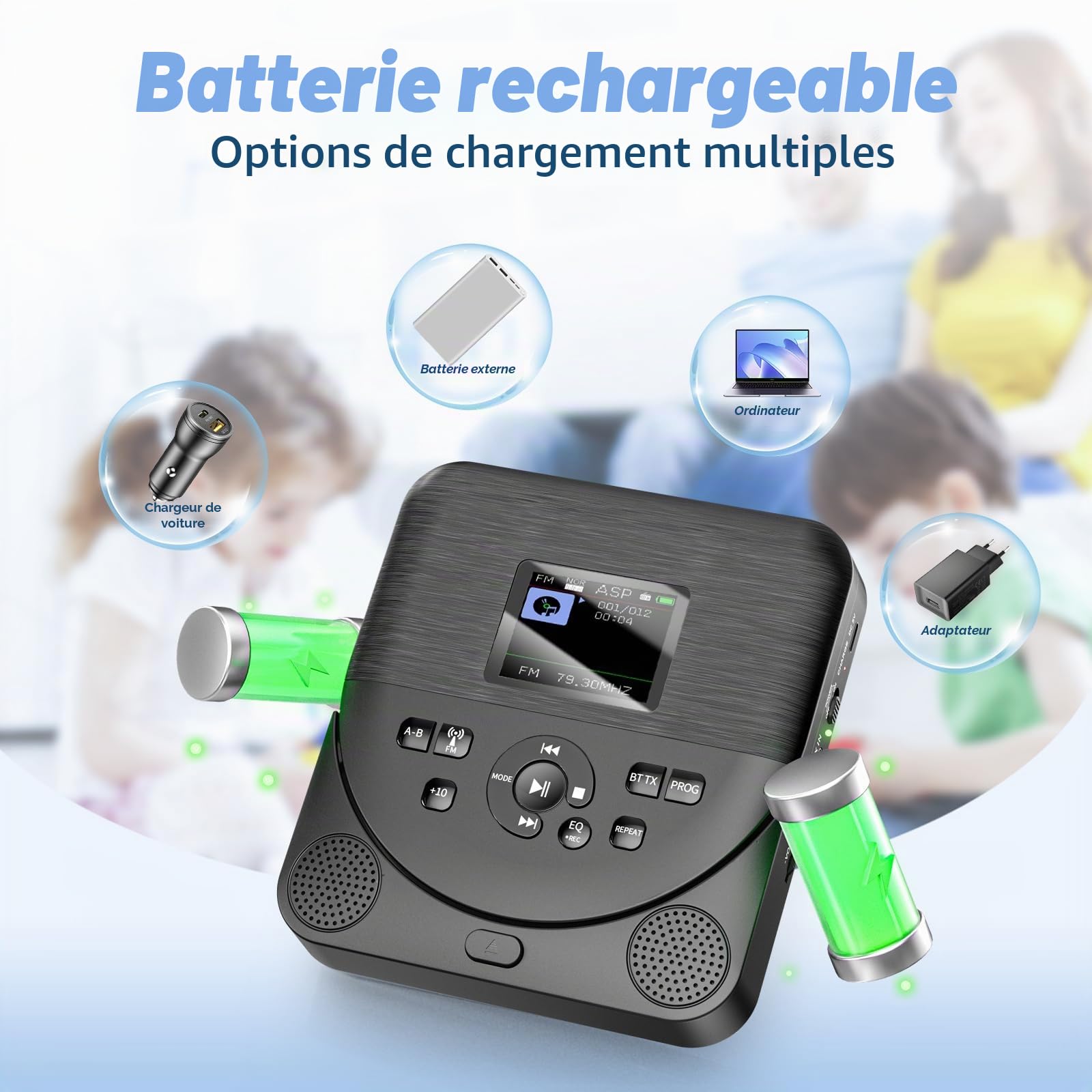Lecteur CD Portable Bluetooth FELEMAN avec Haut-parleurs, Écran, Rechargeable, Émetteur FM, Noir