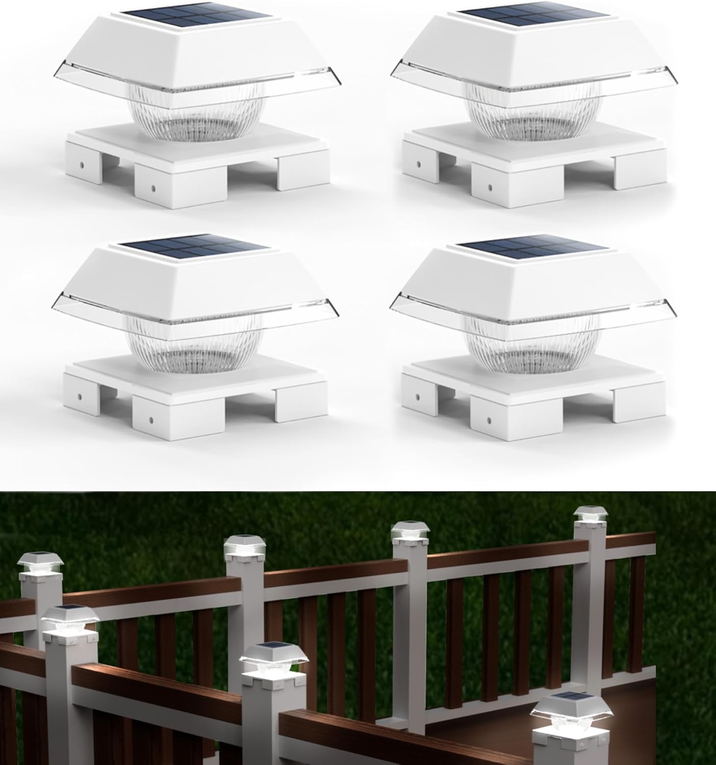 INDARUN Solar Post Lights Outdoor Waterproof, 2 Colors Modes, 120 Lumen, Solar Fence Deck Post Lights for 4x4 Post Caps - 4x4 5x5 6x6 Wood Posts/4x4 Vinyl Posts, for Front Porch, Paito, Backyard Decor White 4 Pack