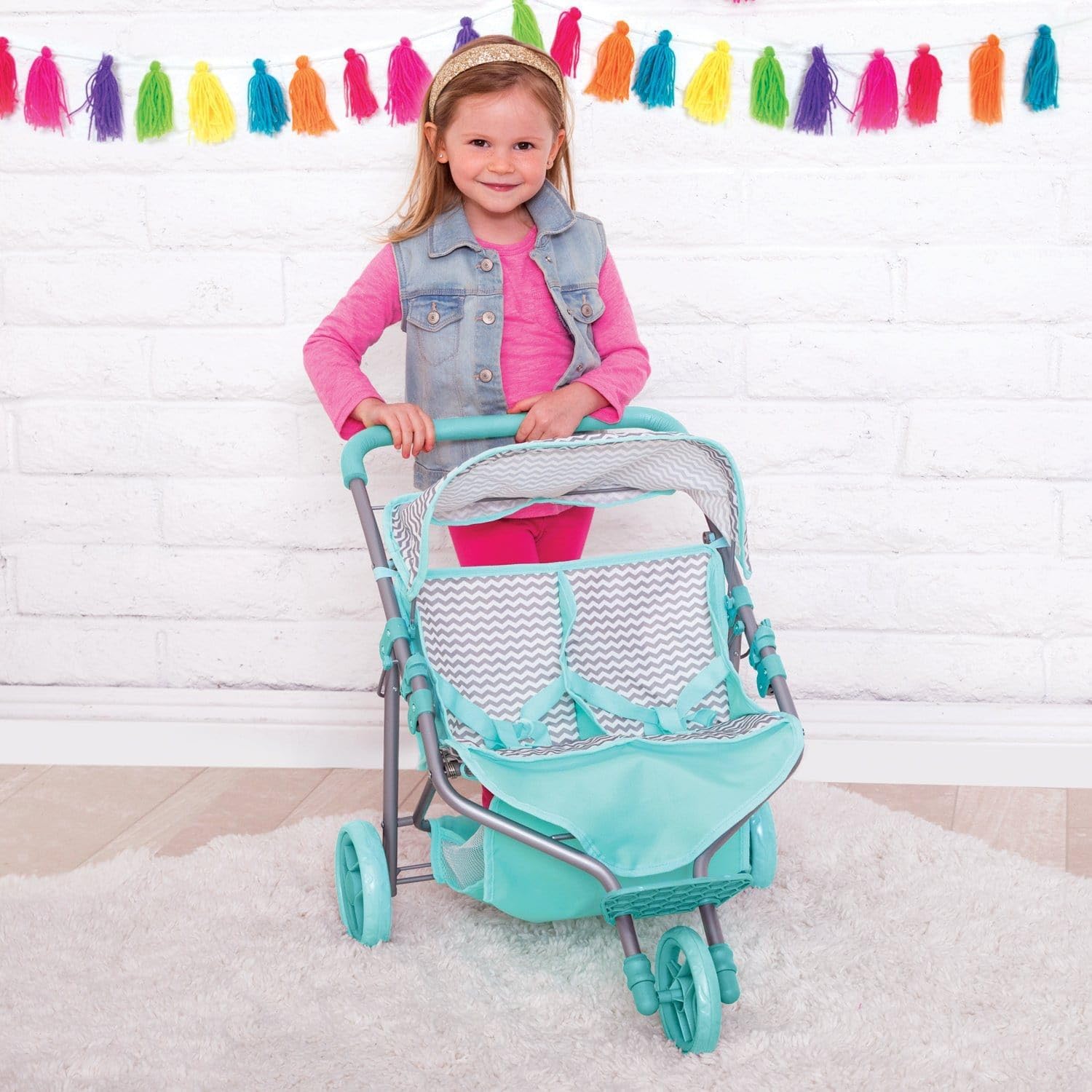 Adora Stylish Zig Zag Jogger Doll Stroller, Convertible Sun Cover, Doll Accessory Storage, Fits Most Plush Toys, Stuffed Animals Up to 16 for Ages 3 and Up - Aqua Green Handle
