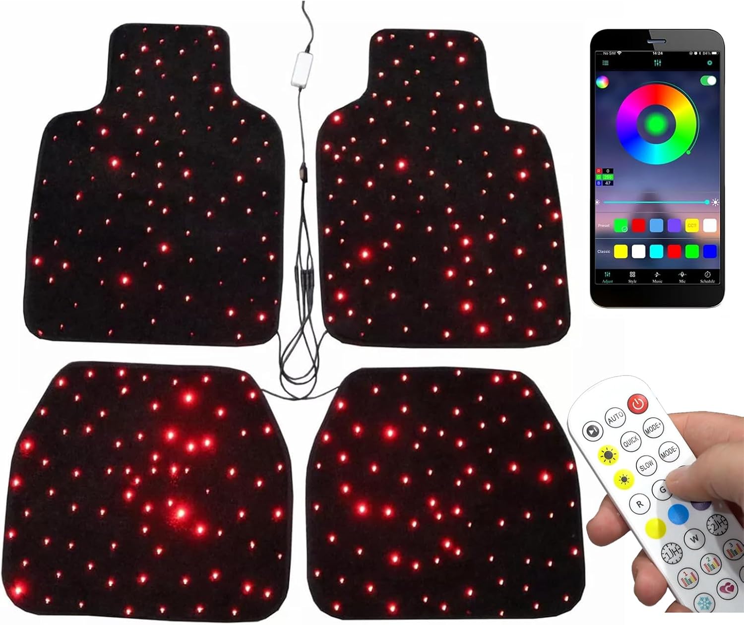 Luxury Starlight LED Car Floor Mats, 4pcs Starry Star Light Floor Mats Washable Fiber Optic Lights APP/Remote Control Music Mode Sound Activated Interior Lights for Cars, SUVs, Trucks