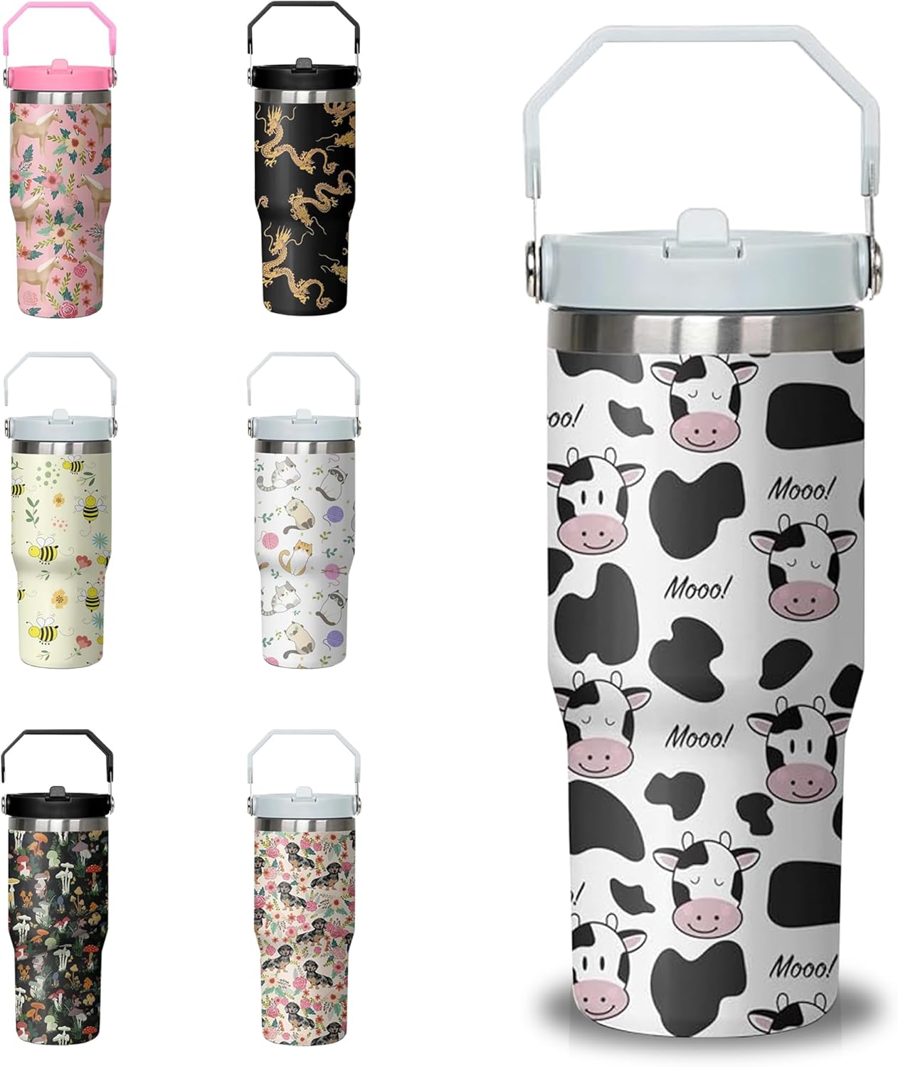 30 oz Cow Travel Tumbler with Handle and Flip Straw, Stainless Steel Insulated Cup with Lid and Straw,Travel Coffee Mug Water Bottle,Christmas Birthday Mothers Day Gifts for Women Animal Lovers