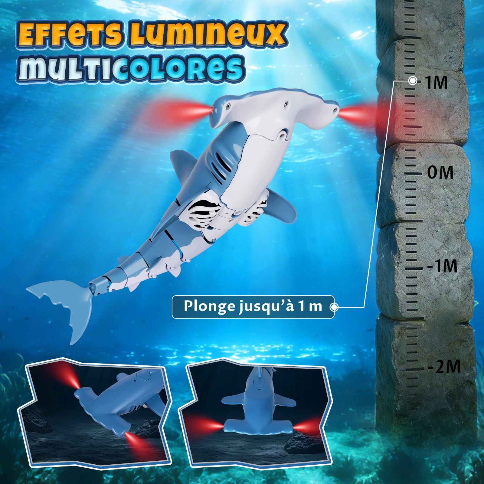 Requin Télécommandé avec Fonction de Plongée, 2.4 GHz RC Requin avec Lumières LED, Jouet Requin sous-Marin pour Piscine et Baignoire, Cadeau pour Enfants 6+ Ans Garçon Fille (Bleu)