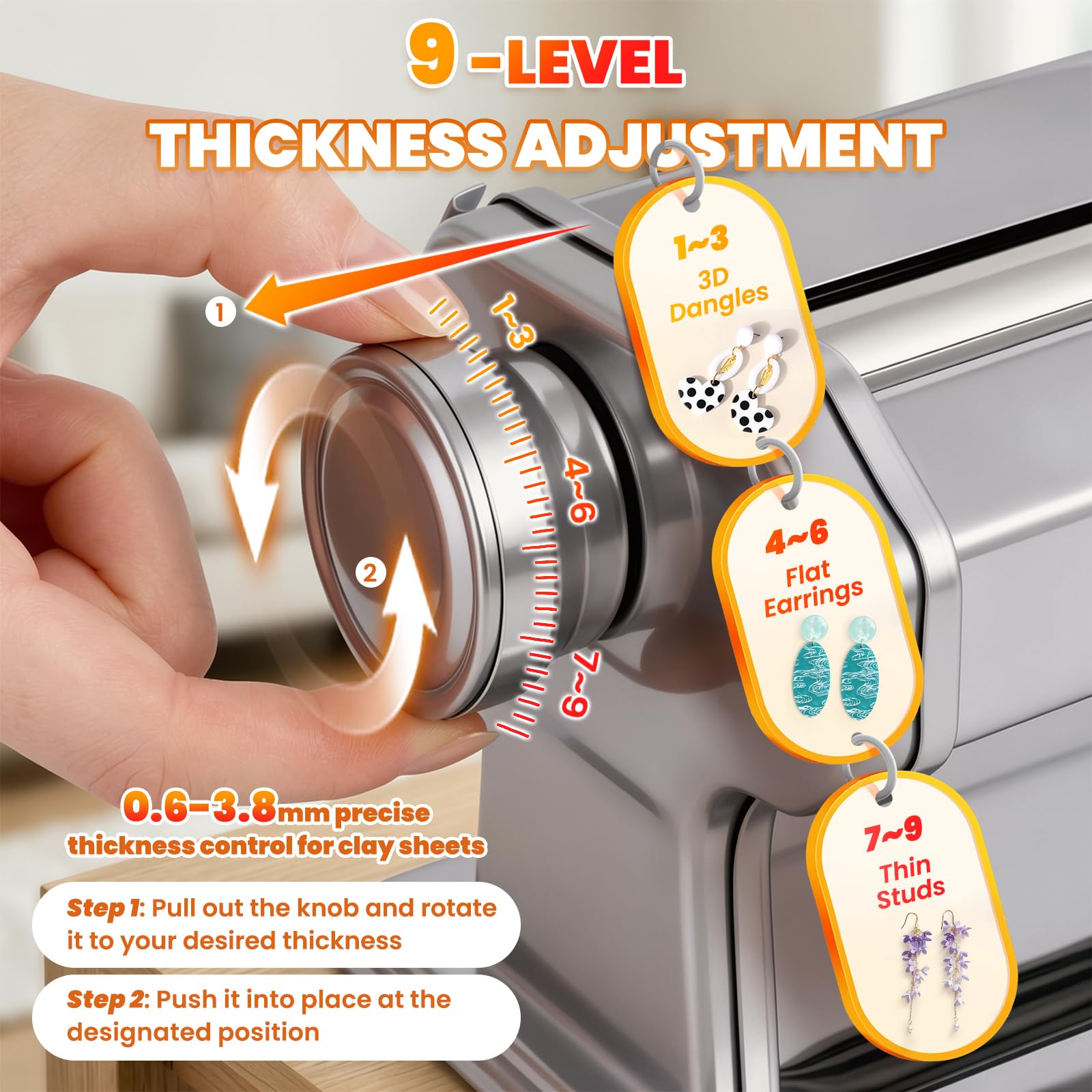 Elektrische Polymer Clay Press Machine Set Dual Mode Clay Roller Maschine mit 9 Dickeneinstellungen, 8 Runde Tonschneider, 9 Tonformwerkzeug für die Herstellung von Ton-Ohrringen