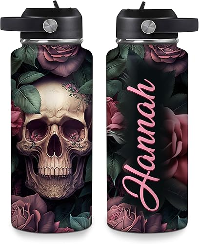 Hyturtle Botella de agua personalizada de calavera  Botella de acero inoxidable aislada de viaje con tapa a prueba de fugas, 18 onzas, 32 onzas,