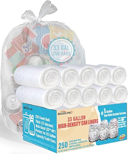 Bolsas de basura de 33 galones, 250 unidades a granel, bolsas de basura de plástico transparente resistente, bolsas de basura multiusos para casas