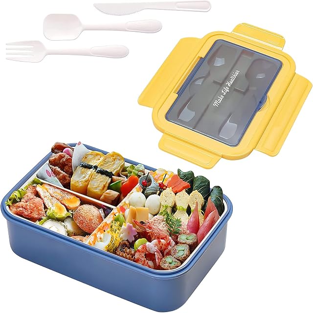 ZENG Lunch Box Adult Lunch Box Children 1400 ml Portable Bento Box with 3 Compartments and Cutlery Leak-Proof Reusable Microwave and Dishwasher Safe for School Work Picnic Travel (Blue)
