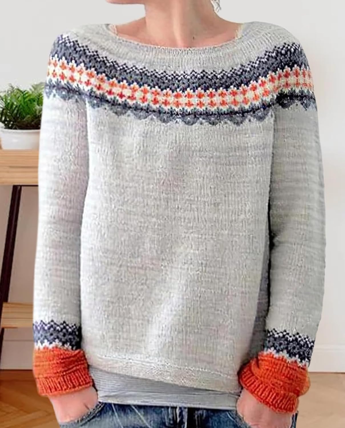 Fair Isle Sweater for Womens Winter Long Sleeve Vintage Knitted Sweater Casual Fall Crew Neck Pullover Sweaters - Image 2