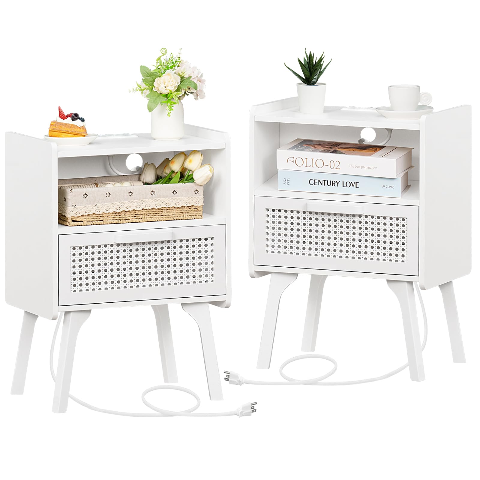 Lerliuo Rattan Nightstands set of 2 with Charging Station, Side Table with Drawer Open Shelf, Cane Accent Bedside End Table with Solid Wood Legs, Night Stand for Bedroom, Dorm and Small Spaces (White)