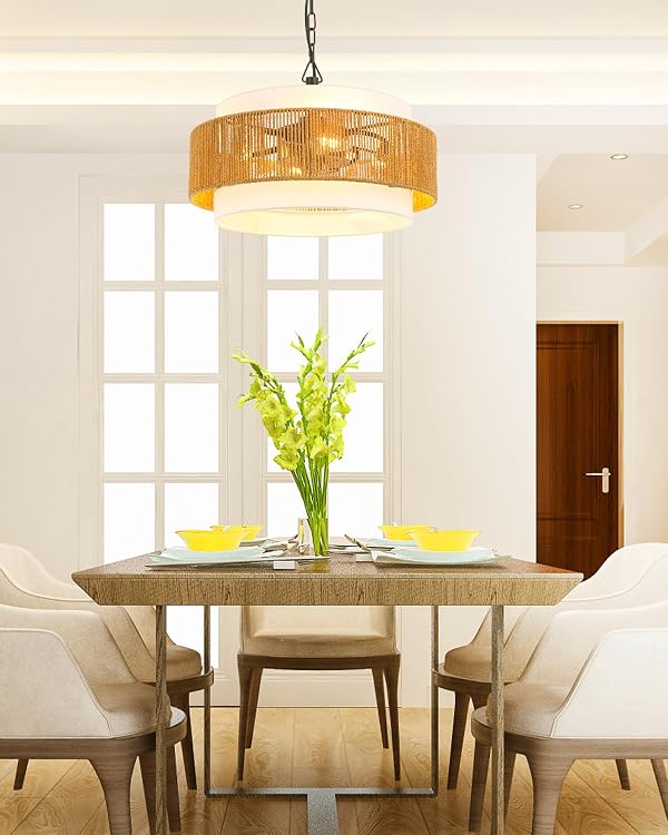 20" Caged Ceiling Fan with Lights, Rattan Pendant Fan Light, Low Profile Ceiling Fans, Farmhouse Boho Light Fixture Ceiling Hanging for Dining Room, Living Room, Bedroom, Kitchen Island, Hallway by VVVOWL - Used condition - Image 8