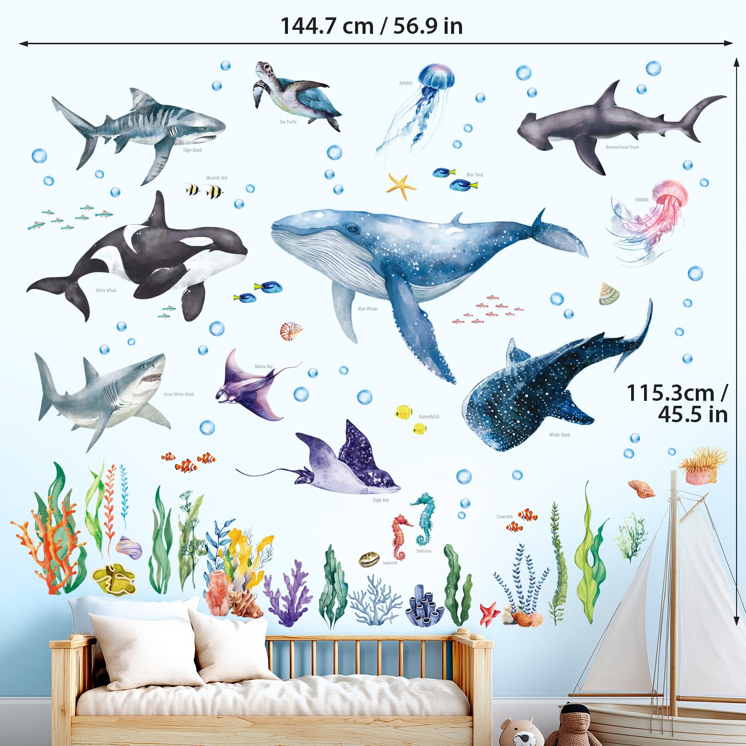 DECOWALL SG3-2430 duże zwierzęta morskie naklejki ścienne dzieci pod morzem ocean dekoracja pokój dziecięcy zdejmowany delfin rekin żółw zwierzęta