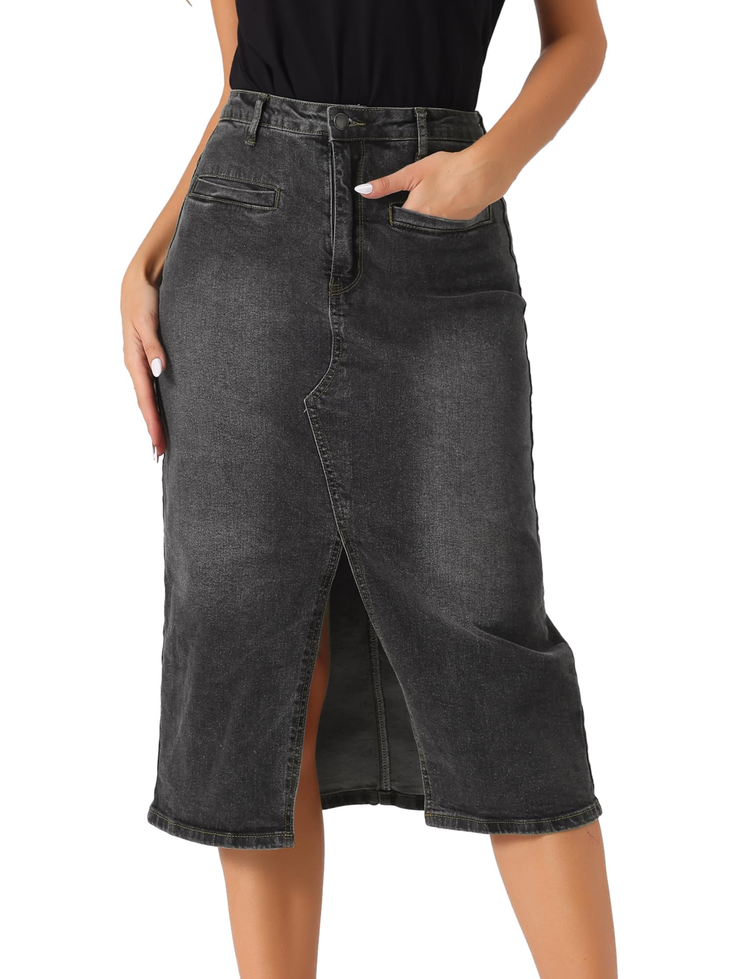 Allegra K Gonna midi in denim per donna a vita alta con spacco frontale con tasche gonne di jeans
